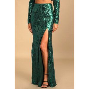 Lulus Luxe Aesthetic Sheer Mesh & Sequin Maxi Skirt w/Slit in Emerald Green